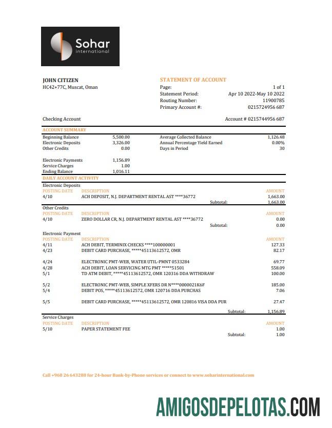Extrato bancário internacional de Omã Sohar modelo Xls